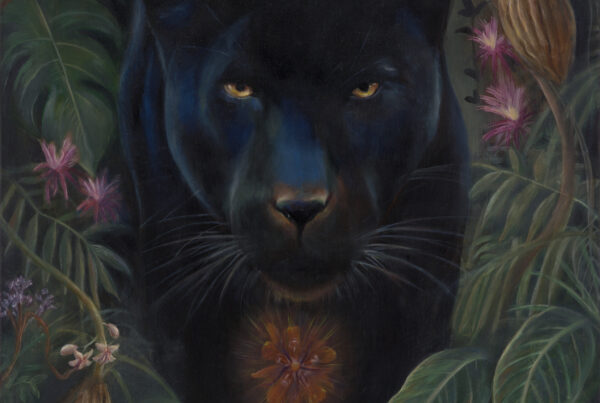 Visionary painting “Kakao Spirit” by Vera Atlantia – silent panther with a glowing heart in the nightly cocoa forest inviting clarity of vision and remembrance.