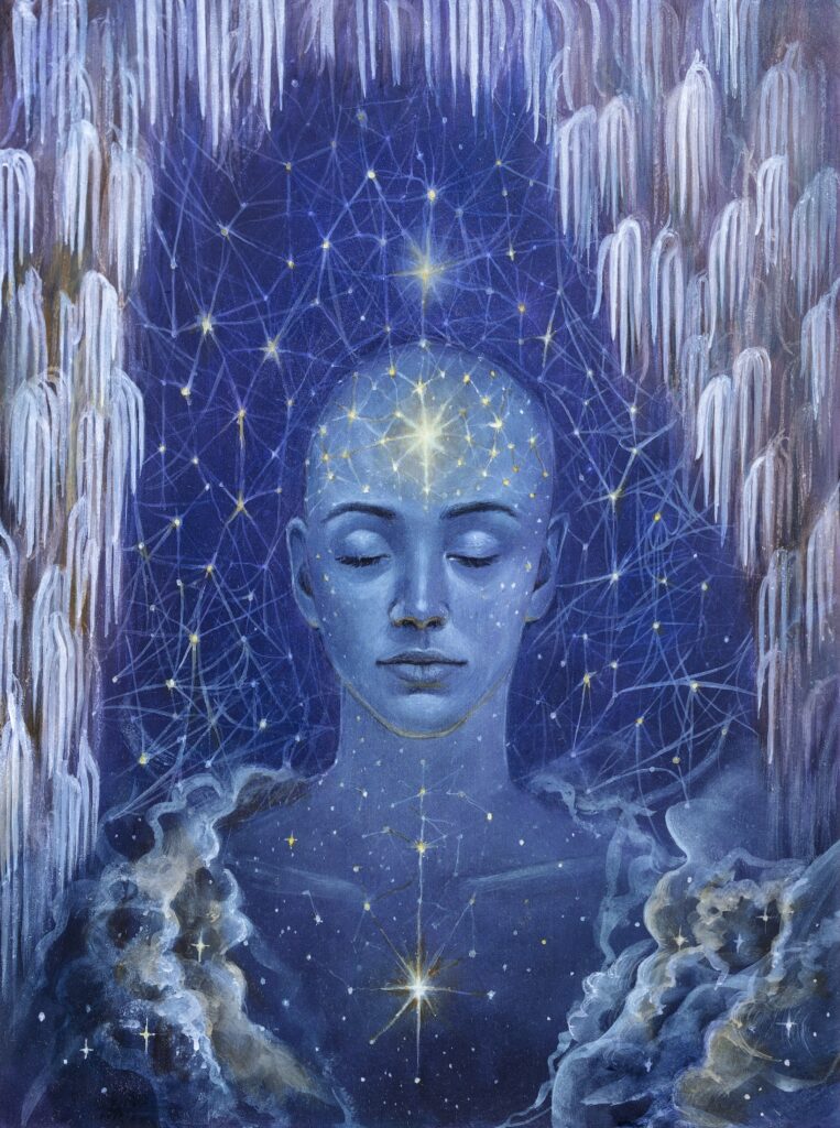 Visionary painting “Luminous Intelligence” by Vera Atlantia – Hericium or lion’s mane mushroom bringing clarity, remembrance and neural balance.