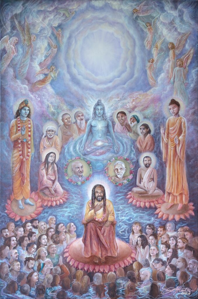 Oil painting “Ocean of Grace” by Vera Atlantia – depiction of Mooji, saints and sages dissolving separation into pure light.