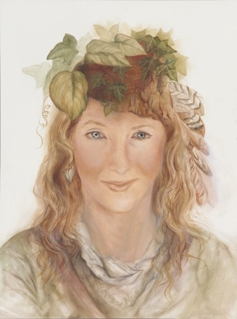 Oil portrait of Mona depicted as a forest elf, featuring fantasy-inspired details and natural elements