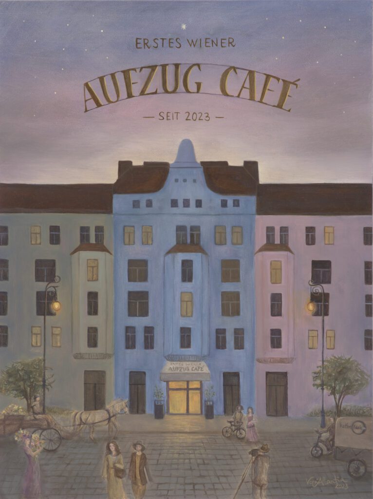 Illustrative oil painting commission of the Viennese Aufzugcafé, depicting the atmosphere of historic Vienna