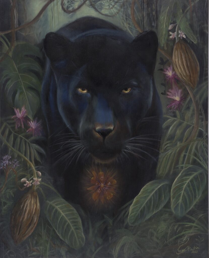 Oil painting “Kakao Spirit” of a black panther, capturing its strength and mystique