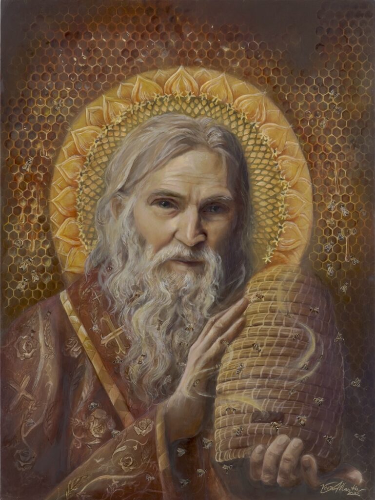 Oil painting “Nectar of Love” depicting Saint Ambrose, patron saint of bees, with golden tones and symbolic bees