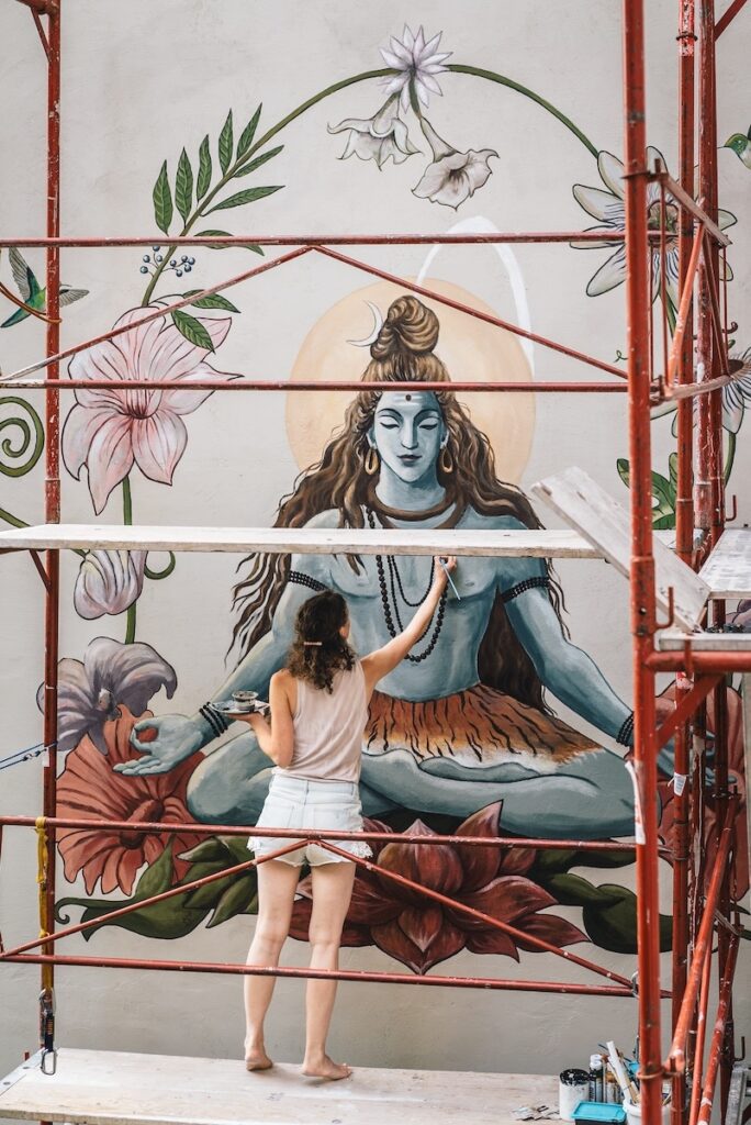 Shiva mural wall painting for a yoga studio in Vienna, depicting the deity in a meditative pose